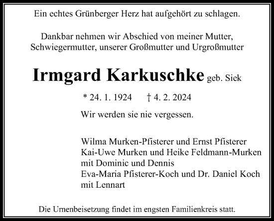 Traueranzeige von Irmgard Karkuschke von Alsfelder Allgemeine, Giessener Allgemeine