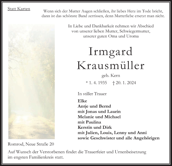 Traueranzeige von Irmgard Krausmüller von Oberhessische Zeitung