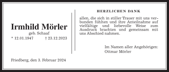 Traueranzeige von Irmhild Mörler von Wetterauer Zeitung