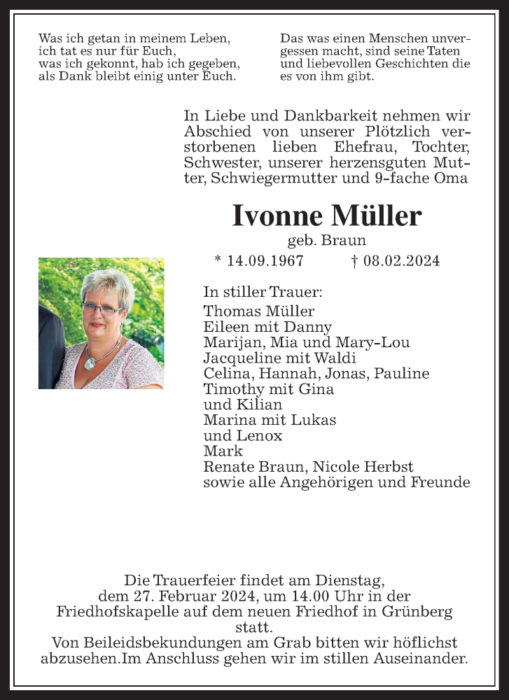  Traueranzeige für Ivonne Müller vom 17.02.2024 aus Alsfelder Allgemeine, Giessener Allgemeine