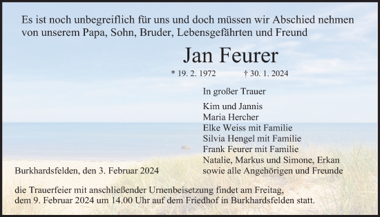 Traueranzeige von Jan Feurer von Giessener Allgemeine, Alsfelder Allgemeine