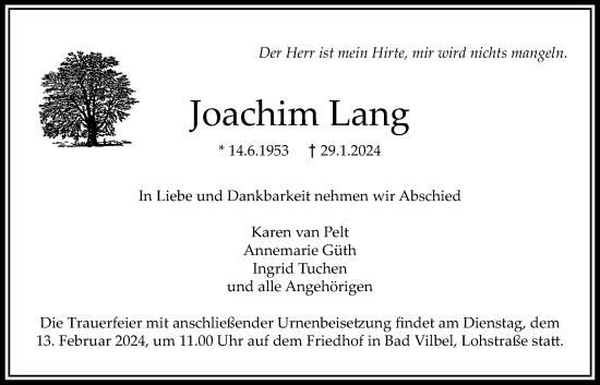 Traueranzeige von Joachim Lang von Bad Vilbel/Karben