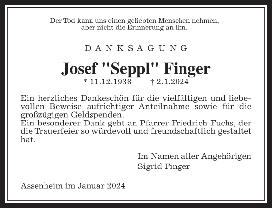 Traueranzeige von Josef Finger von Wetterauer Zeitung