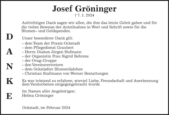 Traueranzeige von Josef Gröninger von Wetterauer Zeitung