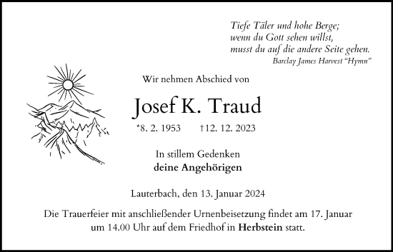 Traueranzeige von Josef K. Traud von Lauterbacher Anzeiger