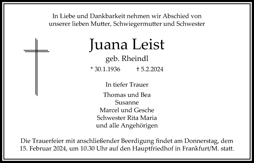  Traueranzeige für Juana Leist vom 08.02.2024 aus Bad Vilbel/Karben