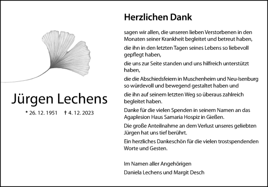 Traueranzeige von Jürgen Lechens von Licher Wochenblatt