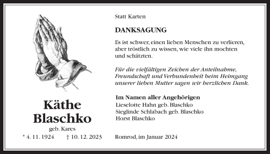 Traueranzeige von Käthe Blaschko von Oberhessische Zeitung