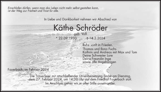 Traueranzeige von Käthe Schröder von Kreis-Anzeiger