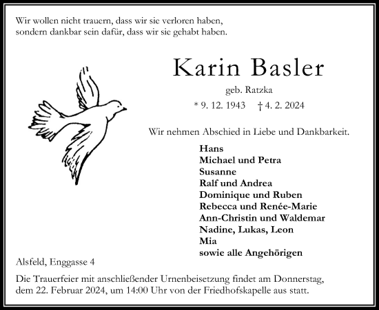 Traueranzeige von Karin Basler von Oberhessische Zeitung, Oberhessische Zeitung