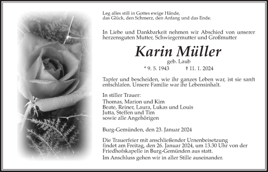 Traueranzeige von Karin Müller von Alsfelder Allgemeine, Oberhessische Zeitung