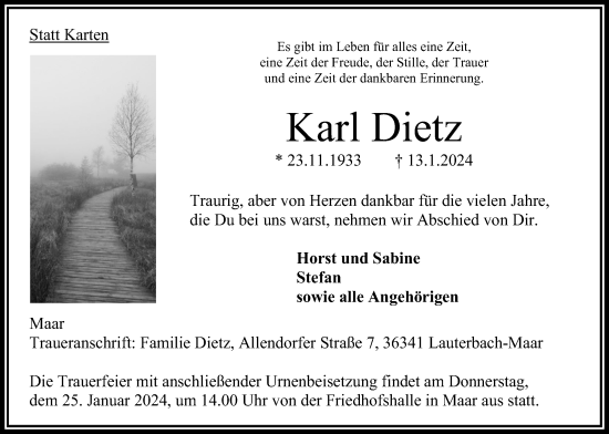 Traueranzeige von Karl Dietz von Lauterbacher Anzeiger