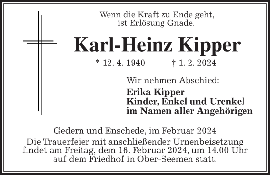 Traueranzeige von Karl-Heinz Kipper von Kreis-Anzeiger