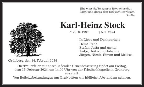 Traueranzeige von Karl-Heinz Stock von Giessener Allgemeine, Alsfelder Allgemeine