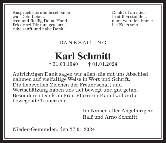 Traueranzeige von Karl Schmitt von Alsfelder Allgemeine, Oberhessische Zeitung