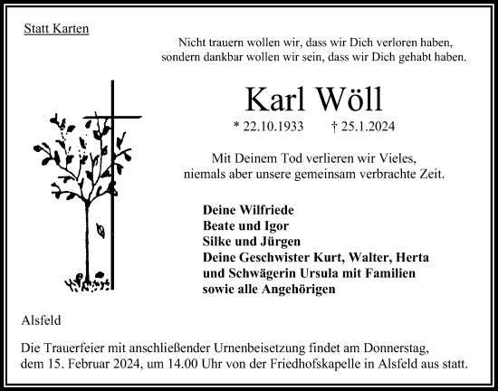 Traueranzeige von Karl Wöll von Oberhessische Zeitung