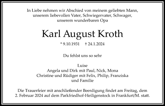 Traueranzeige von Karl August Kroth von Bad Vilbel/Karben