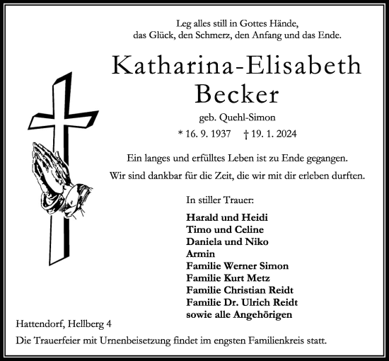 Traueranzeige von Katharina-Elisabeth Becker von Oberhessische Zeitung