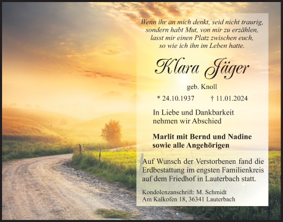 Traueranzeige von Klara Jäger von Lauterbacher Anzeiger