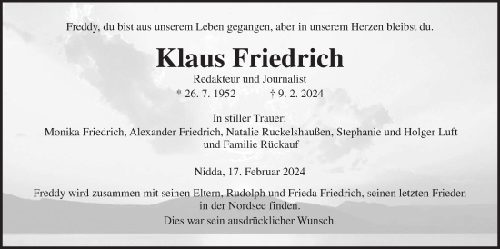 Traueranzeige von Klaus Friedrich von Kreis-Anzeiger