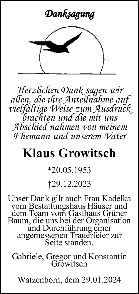 Traueranzeige von Klaus Growitsch von Giessener Allgemeine, Alsfelder Allgemeine, Giessener Anzeiger