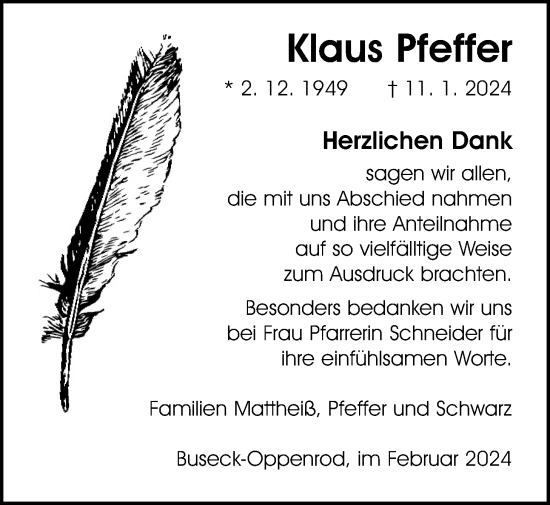 Traueranzeige von Klaus Pfeffer von Alsfelder Allgemeine, Giessener Anzeiger, Giessener Allgemeine