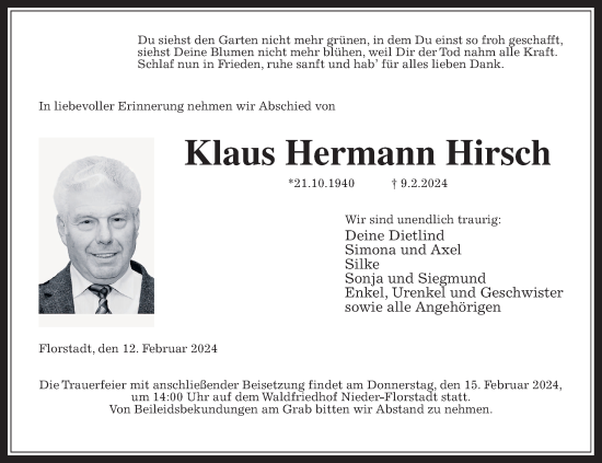 Traueranzeige von Klaus Hermann Hirsch von Wetterauer Zeitung