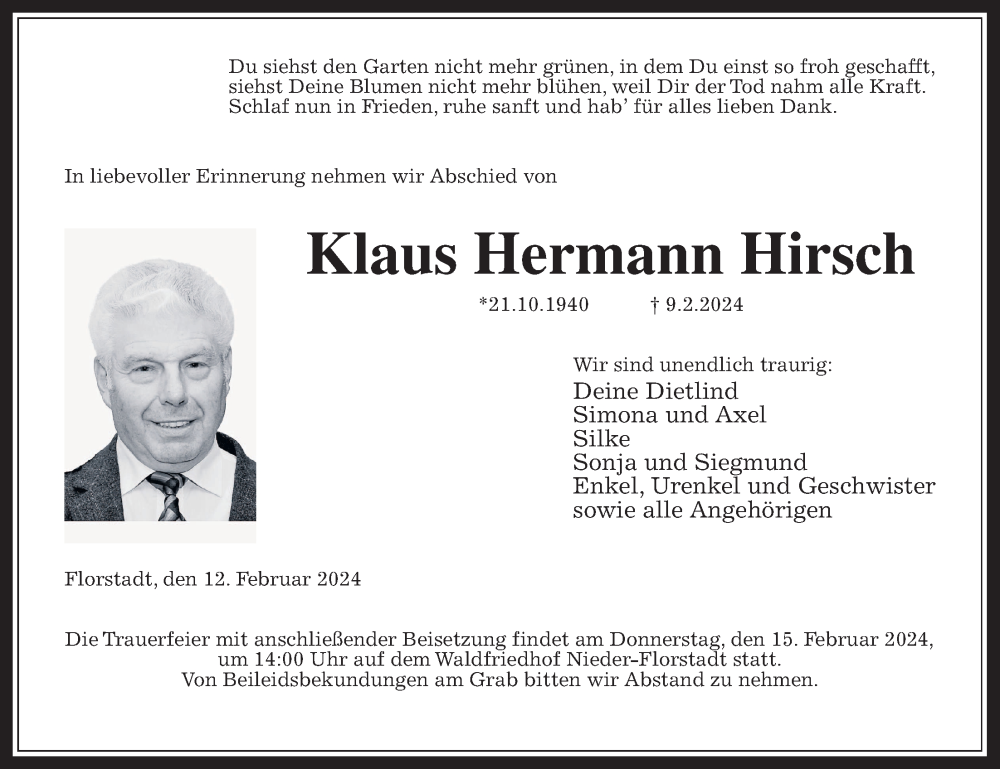  Traueranzeige für Klaus Hermann Hirsch vom 13.02.2024 aus Wetterauer Zeitung