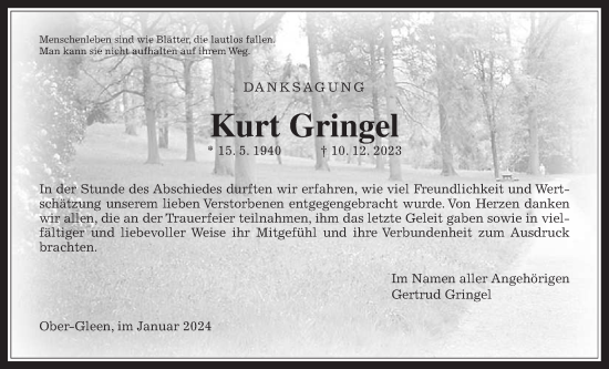 Traueranzeige von Kurt Gringel von Alsfelder Allgemeine, Oberhessische Zeitung