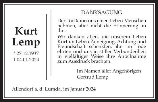 Traueranzeige von Kurt Lemp von Allendorfer Mitteilungen