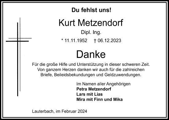 Traueranzeige von Kurt Metzendorf von Lauterbacher Anzeiger
