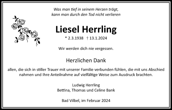 Traueranzeige von Liesel Herrling von Karbener Zeitung, Bad Vilbeler Anzeiger