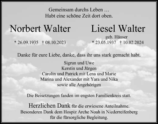 Traueranzeige von Liesel Walter von Usinger Anzeiger, Usinger Anzeigenblatt