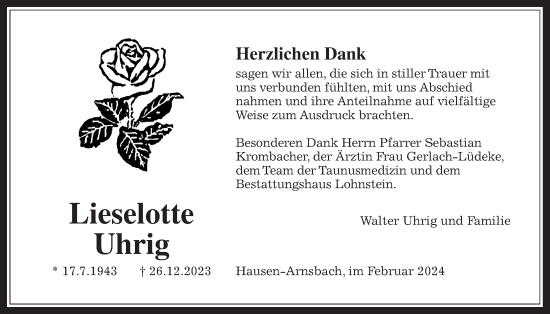 Traueranzeige von Lieselotte Uhrig von Usinger Anzeiger
