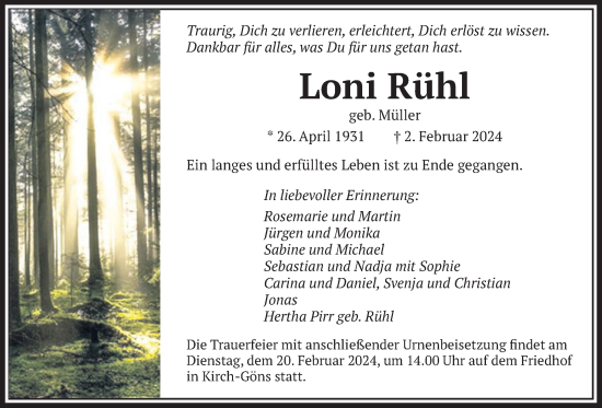 Traueranzeige von Loni Rühl von Butzbacher Zeitung