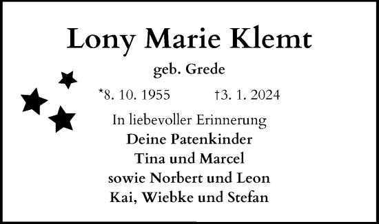 Traueranzeige von Lony Marie Klemt von Lauterbacher Anzeiger