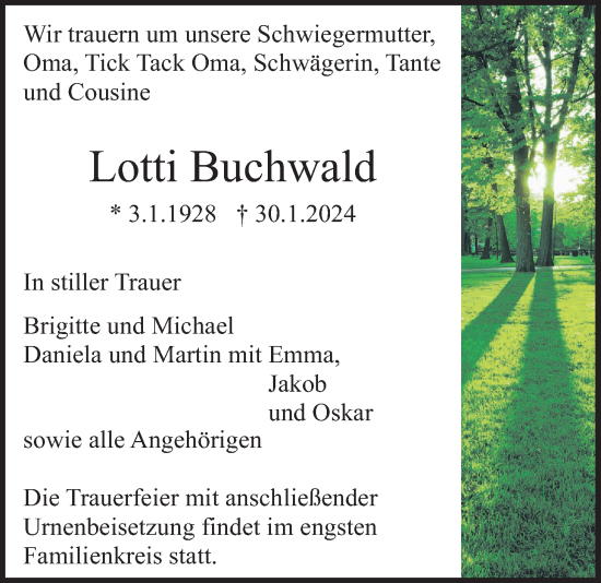 Traueranzeige von Lotti Buchwald von Usinger Anzeiger