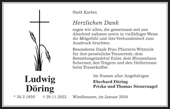 Traueranzeige von Ludwig Döring von Oberhessische Zeitung