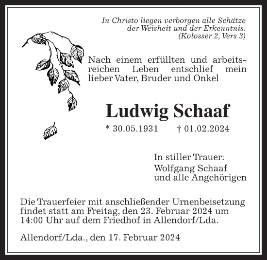 Traueranzeige von Ludwig Schaaf von Alsfelder Allgemeine, Giessener Allgemeine