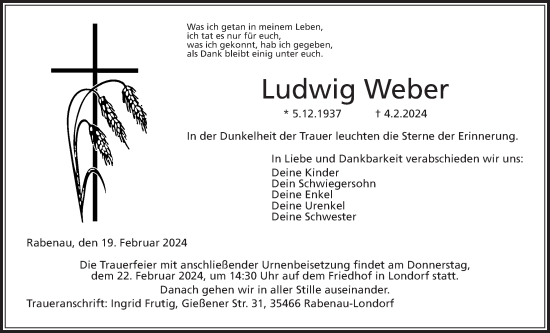 Traueranzeige von Ludwig Weber von Giessener Allgemeine, Alsfelder Allgemeine