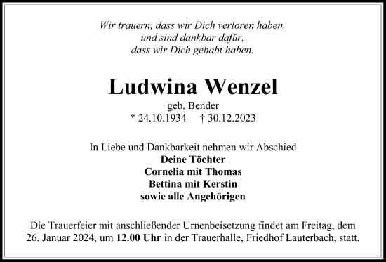 Traueranzeige von Ludwina Wenzel von Lauterbacher Anzeiger