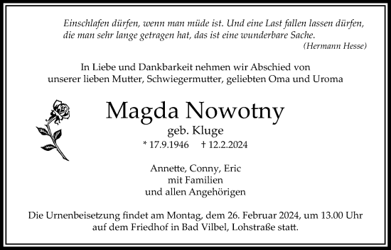 Traueranzeige von Magda Nowotny von Bad Vilbel/Karben