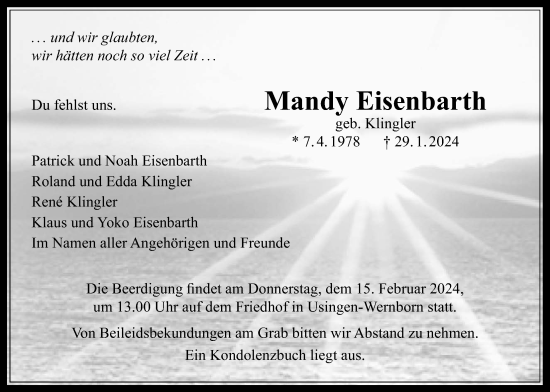 Traueranzeige von Mandy Eisenbarth von Usinger Anzeiger