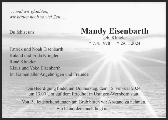 Traueranzeige von Mandy Eisenbarth von Kreis-Anzeiger