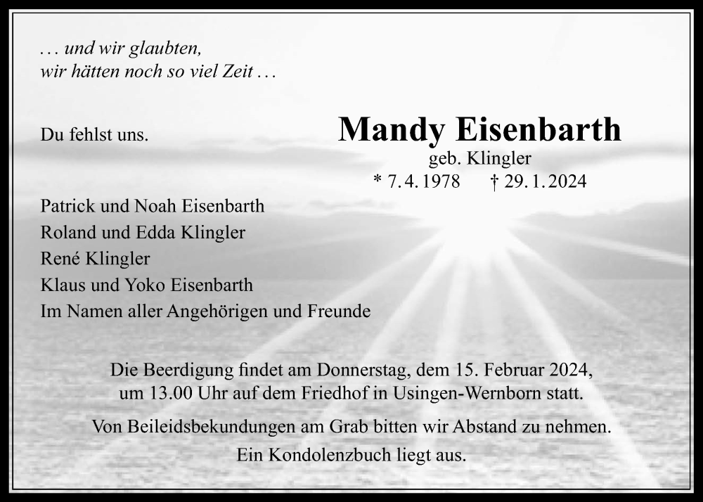  Traueranzeige für Mandy Eisenbarth vom 13.02.2024 aus Usinger Anzeiger