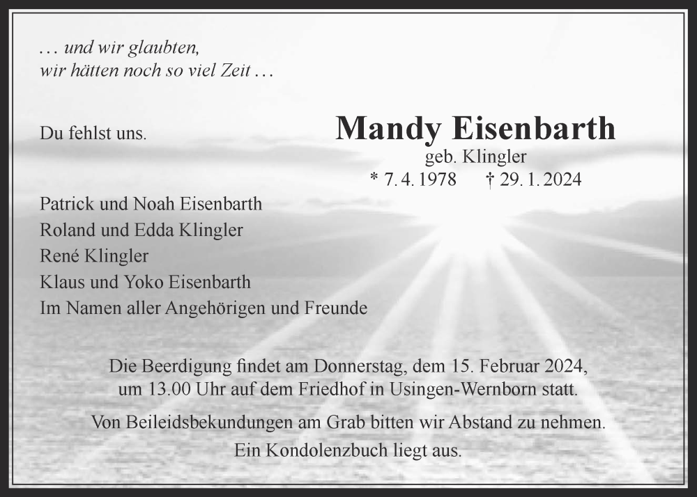 Traueranzeige für Mandy Eisenbarth vom 12.02.2024 aus Kreis-Anzeiger