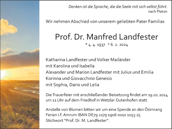 Traueranzeige von Manfred Landfester von Giessener Anzeiger, Giessener Allgemeine, Alsfelder Allgemeine