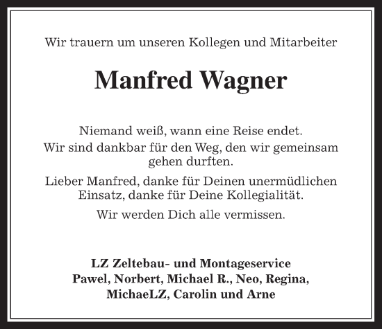 Traueranzeige von Manfred Wagner von Lauterbacher Anzeiger