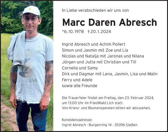 Traueranzeige von Marc Daren Abresch von Alsfelder Allgemeine, Giessener Anzeiger, Giessener Allgemeine
