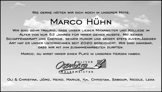Traueranzeige von Marco Hühn von Kreis-Anzeiger